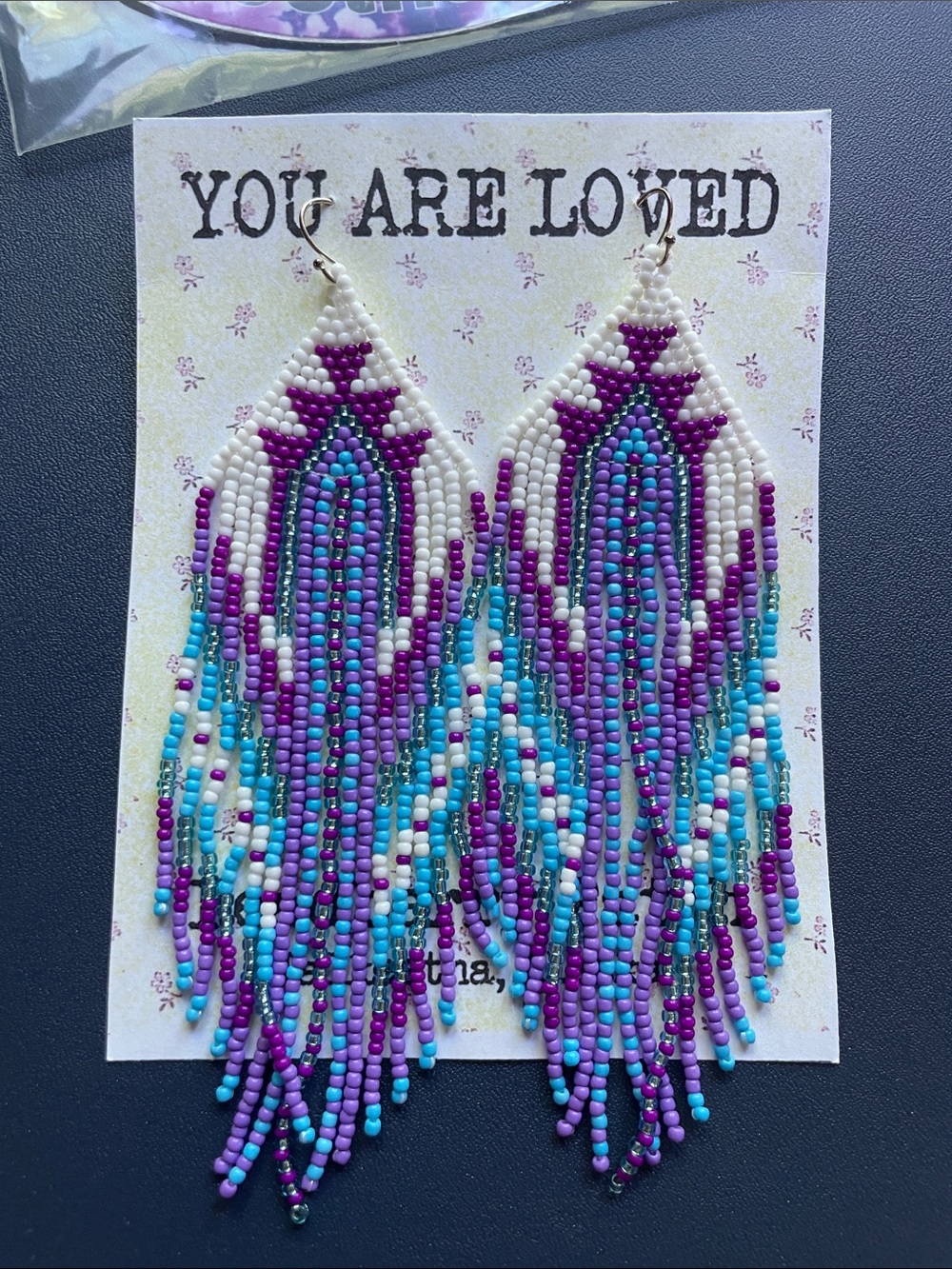 Handmade White, Purple & Turquoise Seed Bead Fringe Earrings